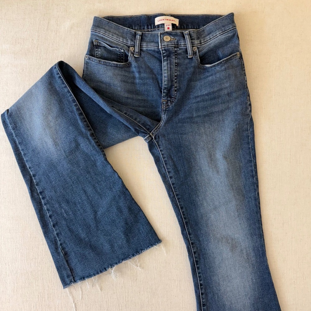 Lucky Brand Stevie High Rise Flare Jeans Womens 6/28 Blue Raw Hem Boho Retro - Picture 4 of 11